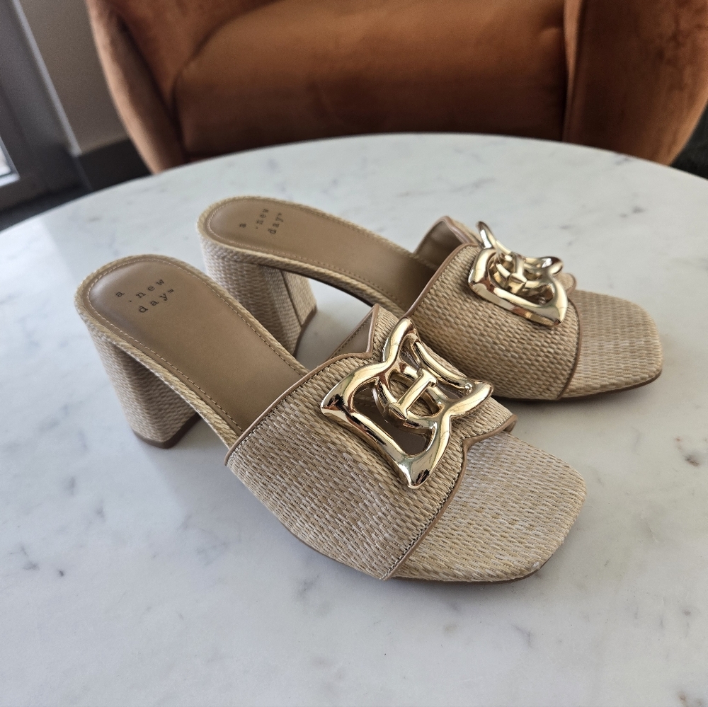 a new day Tan Mules with Gold Detail